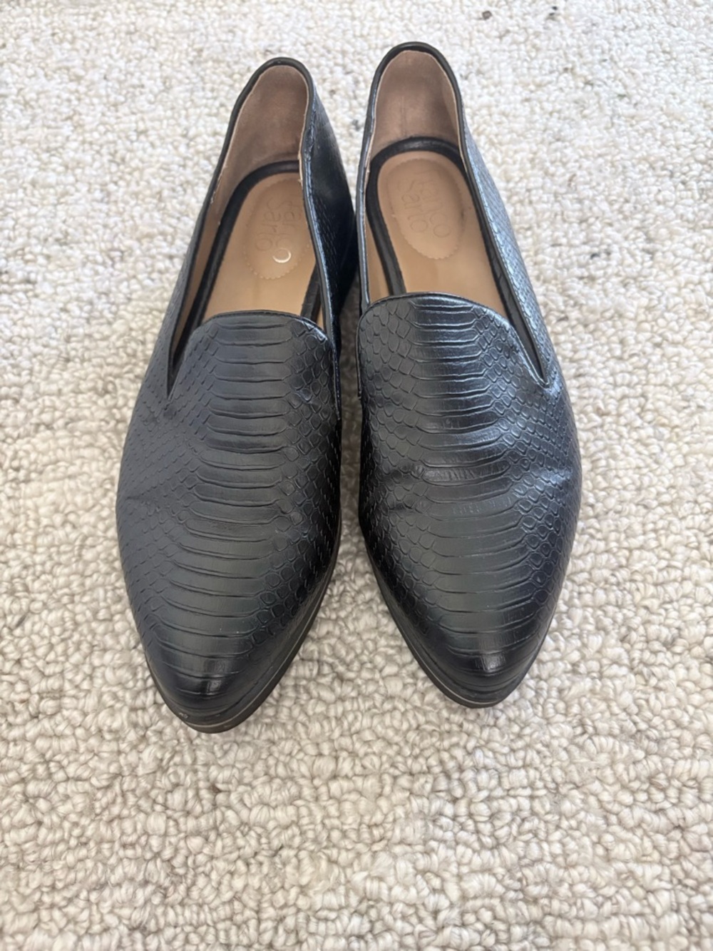 Franco Sarto Black Embossed Pointed Slip-On Loafers